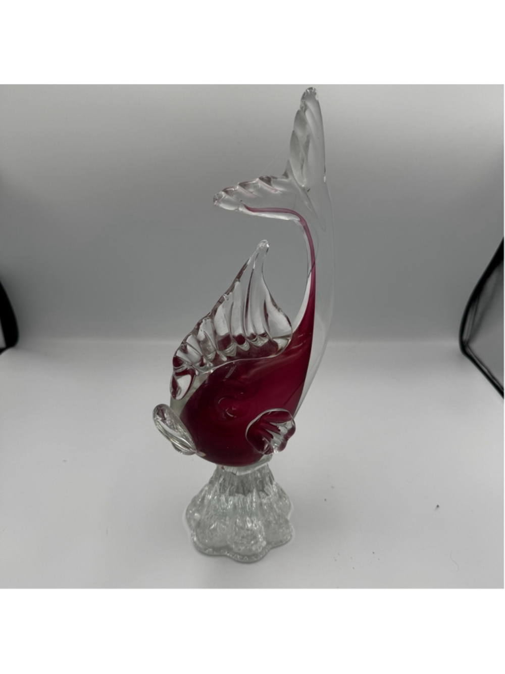 Vintage Murano Style Art Glass Fish Sculpture Red Clear Italy 12” MCM